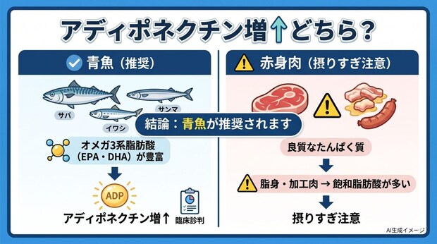 アディポネクチンの分泌を増やすのは「青魚」と「赤身肉」どっち？