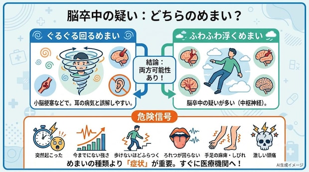 脳卒中の疑いがあるのは「ぐるぐる回るめまい」「ふわふわ浮くめまい」どっち？