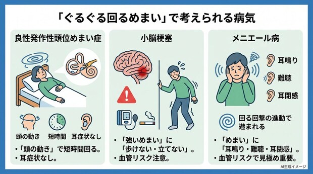 「ぐるぐる回るめまい」で考えられる病気