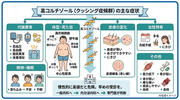 体内のコルチゾール値が高くなるとどんな症状が現れる？