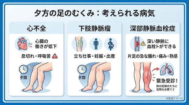 「夕方になると足がむくむ」症状で考えられる病気