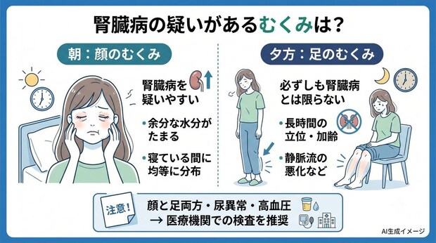 腎臓病の疑いがあるのは「朝になると顔がむくむ」「夕方になると足がむくむ」どっち?