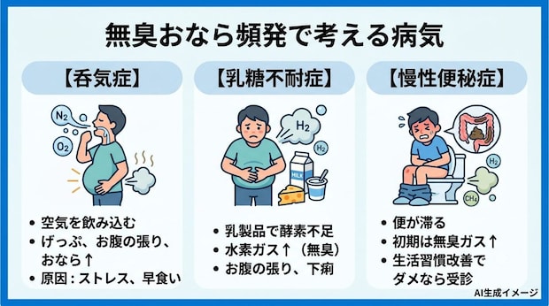 「無臭のおならが頻発」で考えられる病気