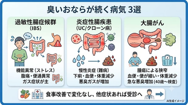 「臭いおならが頻発」で考えられる病気