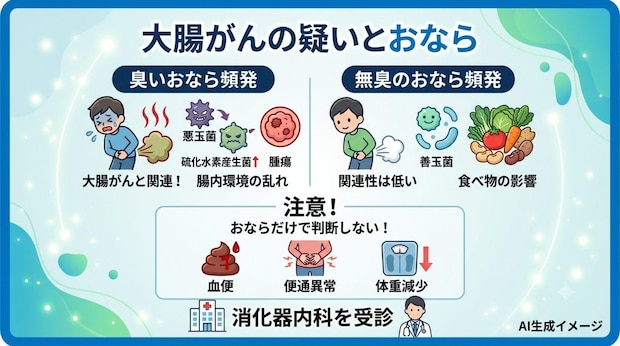 大腸がんの疑いがあるのは「臭いおならが頻発」「無臭のおならが頻発」どっち?