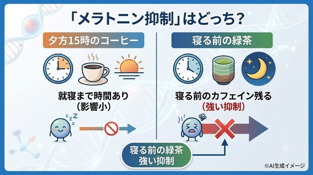 メラトニンの分泌を抑制するのは「夕方15時のコーヒー」と「寝る前の緑茶」どっち？