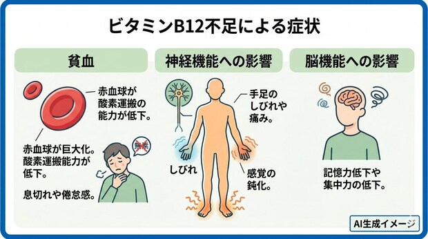 ビタミンB12が不足すると現れる症状