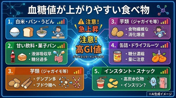 血糖値が上がりやすい食べ物