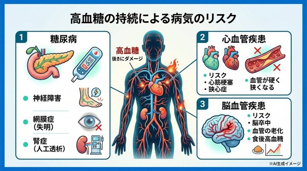 「血糖値が高い」状態が続くとどんな病気になりやすい?