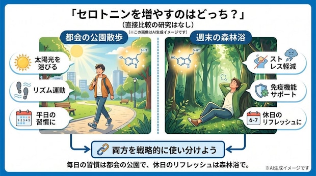 セロトニンの分泌が増えるのは「都会の公園を散歩」と「週末の森林浴」どっち?