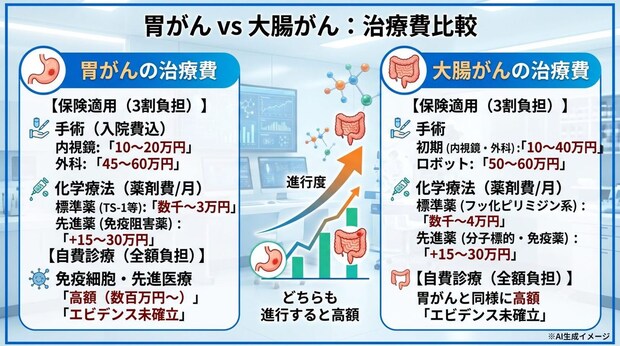 「胃がん」と「大腸がん」どちらの方が治療費が高くなりやすい？