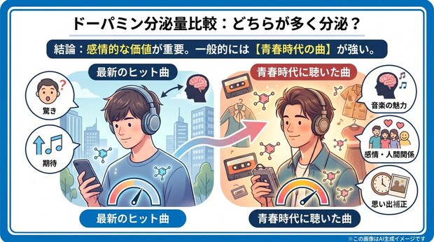 ドーパミンが多く分泌されるのは「最新のヒット曲」と「青春時代に聴いた曲」どっち？
