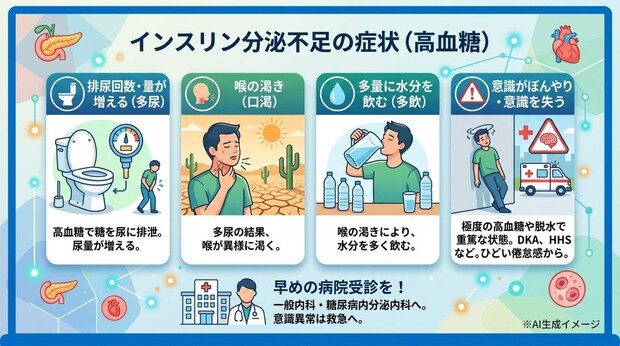 インスリンの分泌が不足すると現れる症状