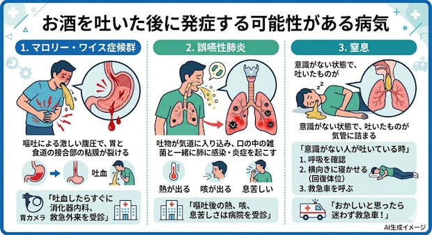 お酒を吐いた後どんな病気を発症する可能性がある？