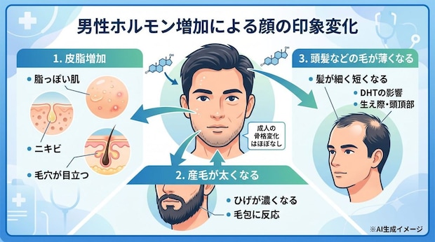 男性ホルモンが多いと顔に変化が現れる原因