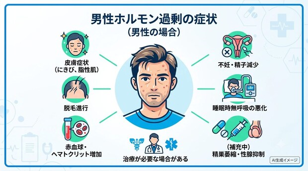 男性で男性ホルモンが過剰分泌されると現れる症状