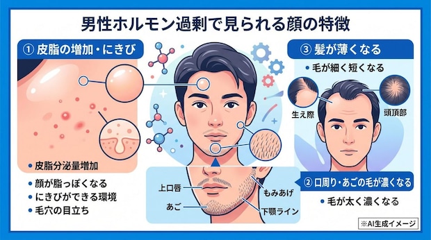 男性ホルモンが多いと顔にどのような特徴が現れる？