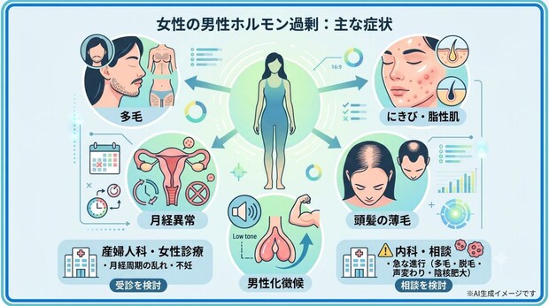 女性で男性ホルモンが過剰分泌されると現れる症状