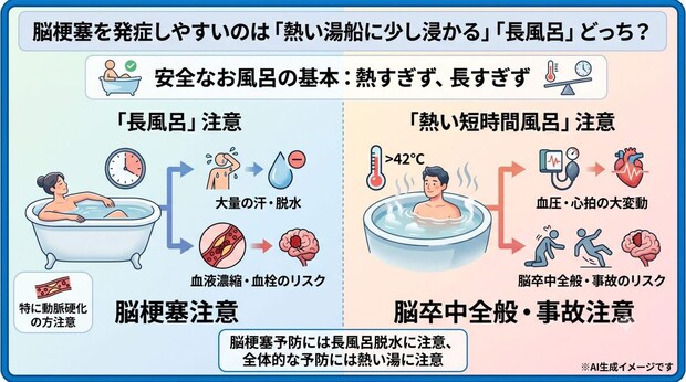 脳梗塞を発症しやすいのは「熱い湯船に少し浸かる」「長風呂」どっち?