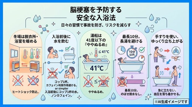 脳梗塞を予防するために入浴中・入浴後はどんなことに気をつけたらいい?