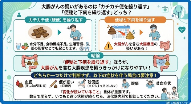 大腸がんの疑いがあるのは「カチカチ便を繰り返す」「便秘と下痢を繰り返す」どっち?