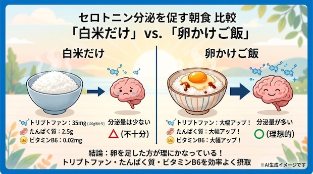セロトニンが多く分泌される朝食は「白米だけ」と「卵かけご飯」どっち?