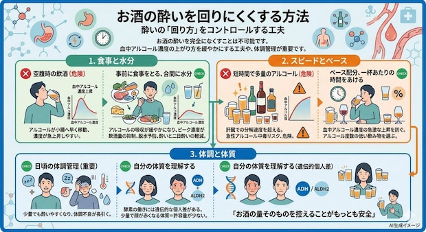 お酒の酔いを回りにくくする方法