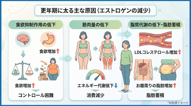 女性ホルモンが減少すると更年期に太る原因