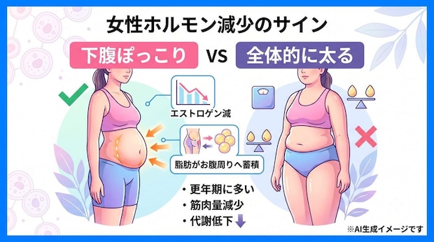 女性ホルモン減少のサインとなるのは「下腹ぽっこり」と「全体的に太る」どっち?
