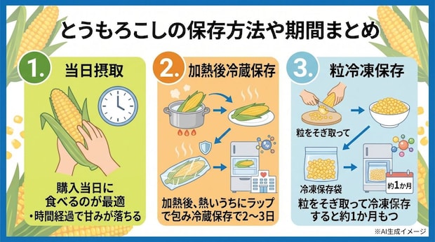 とうもろこしの保存方法や期間