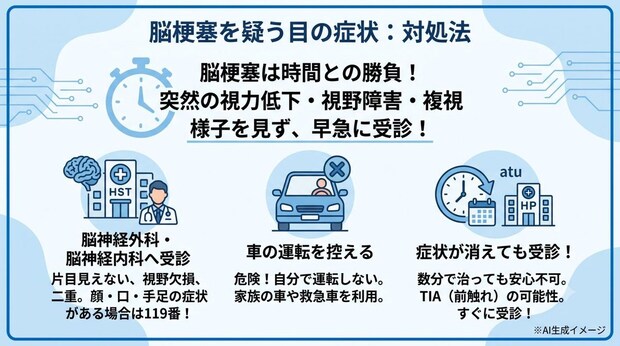 脳梗塞を疑う目の症状が現れたらどうしたらいい?