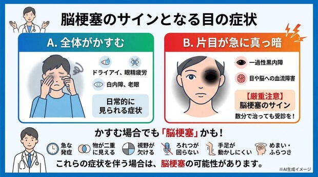 脳梗塞のサインとなる目の症状は「全体がかすむ」と「片目が真っ暗」どっち?