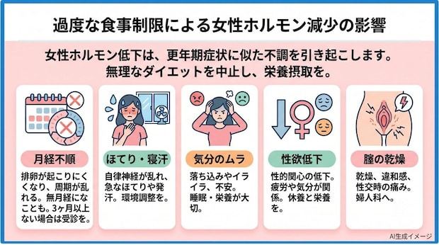過度な「食事制限」によって女性ホルモンが減少した際に現れる症状
