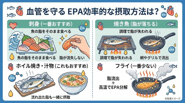 血管を守るEPAの効率的な摂取方法は「刺身」と「焼き魚」どっち?