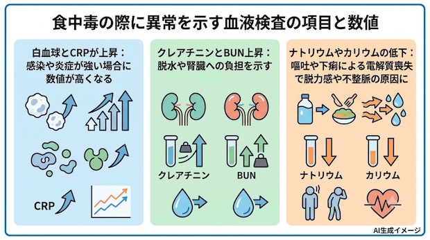 食中毒の際に異常を示す血液検査の項目と数値