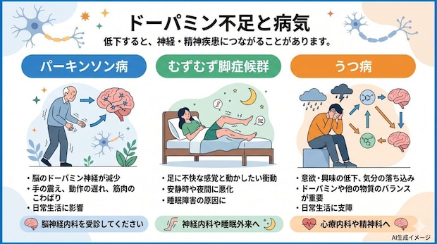ドーパミンが不足するとどんな病気になりやすい？