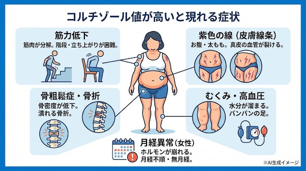 コルチゾール値が高いと現れる症状