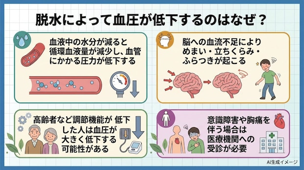 脱水によって血圧が低下するのはなぜ？