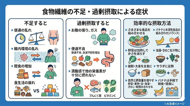 食物繊維の不足・過剰摂取による症状