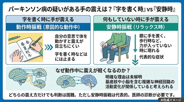 パーキンソン病の疑いがあるのは「字を書く時に手が震える」「何もしていない時に手が震える」どっち?