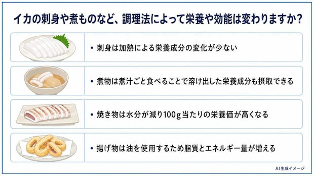 イカの刺身や煮ものなど、調理法によって栄養や効能は変わりますか？