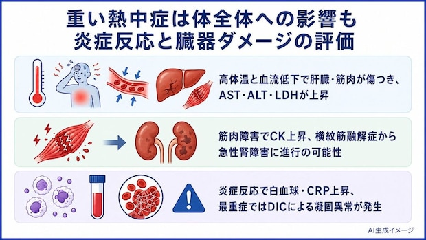 重い熱中症は体全体への影響も 炎症反応と臓器ダメージの評価