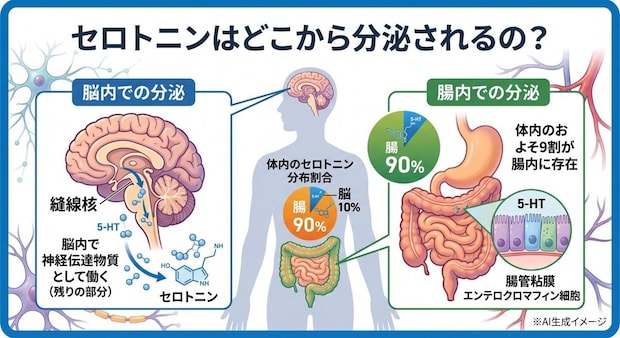 セロトニンはどこから分泌されるの?