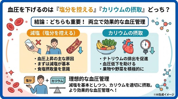 血圧を下げるのは「塩分を控える」「カリウムの摂取」どっち？