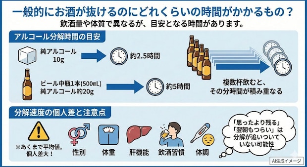 一般的にお酒が抜けるのにどれくらいの時間がかかるもの？