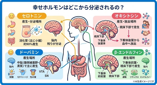 幸せホルモンはどこから分泌されるの？