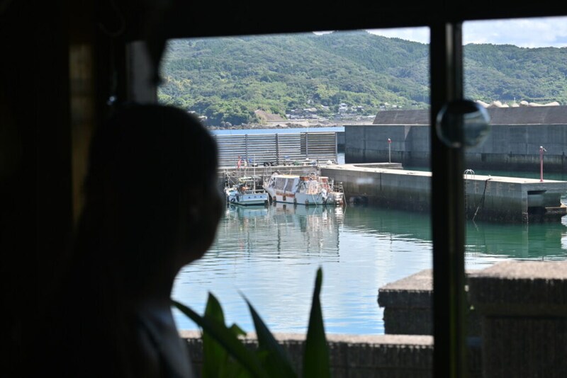家の窓から眺める海と漁港