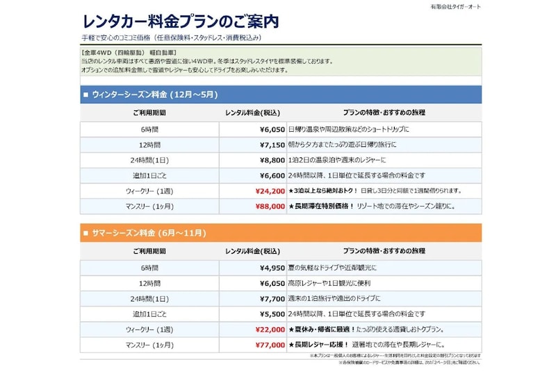 レンタカー料金表