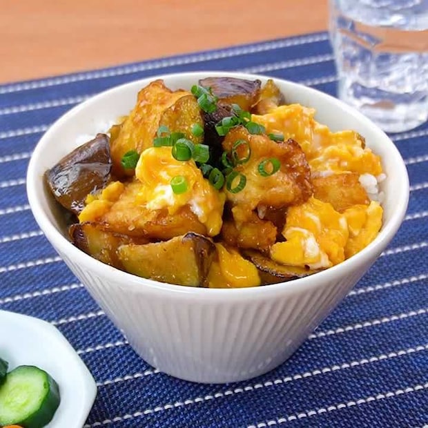 お肉なしでもボリューミー！厚揚げとなすのてりたま丼
