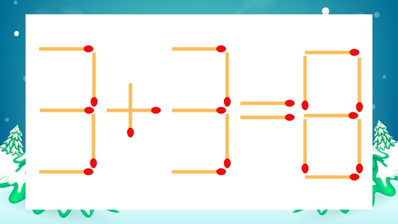 【マッチ棒クイズ】1本だけ動かして正しい式に：3+3=8？の画像